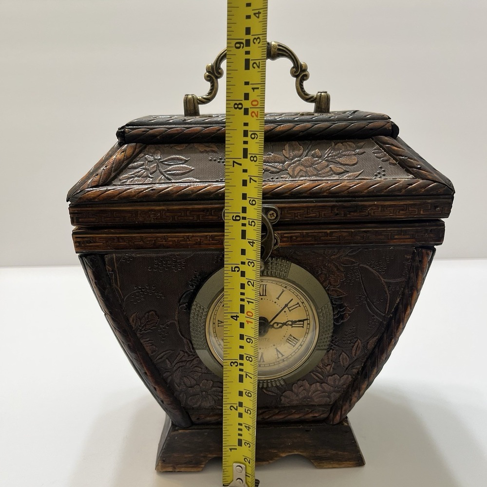 Vintage-Style Wooden Clock/Keepsake Box Hinged Lid Velvet Lined Latch Triangle - Picture 12 of 14